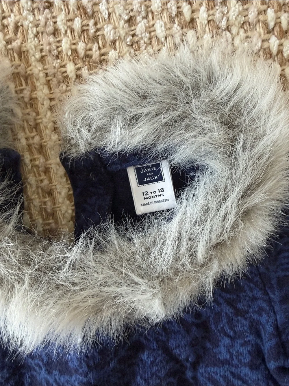 Janie and Jack Navy Patterned Coat with Faux Fur Trim